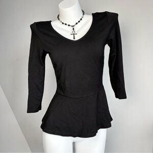 Black Vintage Style V Neck Peplum Top